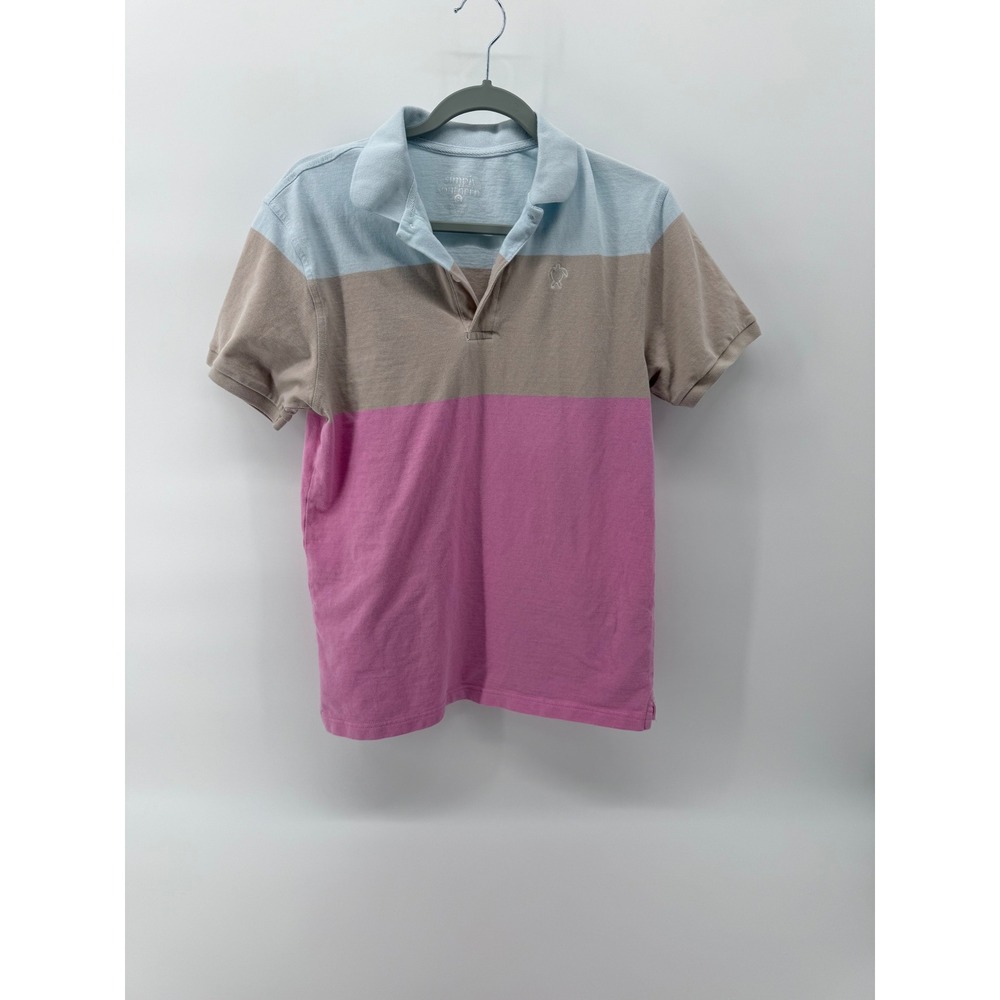 Simply Southern Mens Colorblock Polo Shirt Blue Tan Pink Cotton Size Small